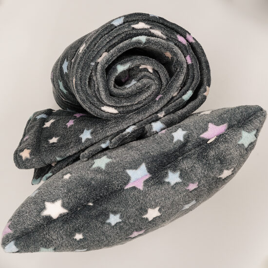 Fleece blanket and pillow set - Stars on a grey background
